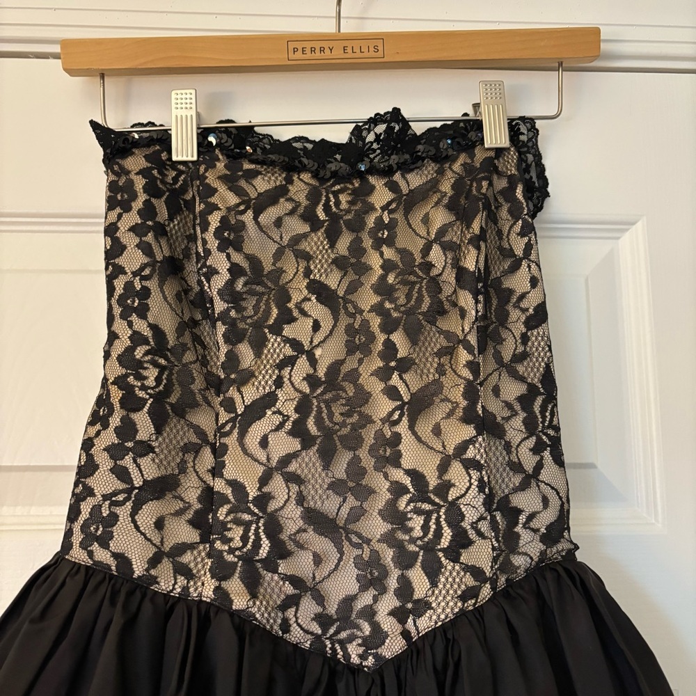Vintage Gunne Sax Black Gold Dark Floral Lace Strapless Prom Dress Gown Goth - Picture 6 of 16